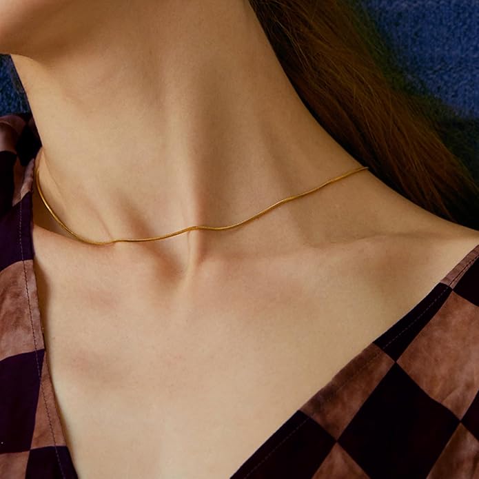 Gold Herringbone Necklace For Women - Rope Chork,Flat Snake Chain Necklaces in 18K Gold & White Gold Plated Tone - Simple Daily Jewelry-Tarnish Free-16-18in