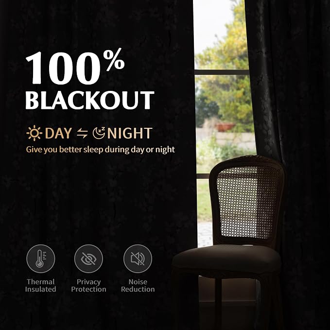 FMFUNCTEX 100% Blackout Grey Floral Curtains 63 Inch Rod Pocket 2 Panels | Black Out Drapes, Thermal Insulated Cottage Farmhouse, Blossom Flower Patterned Curtain for Bedroom, Living Room Darkening