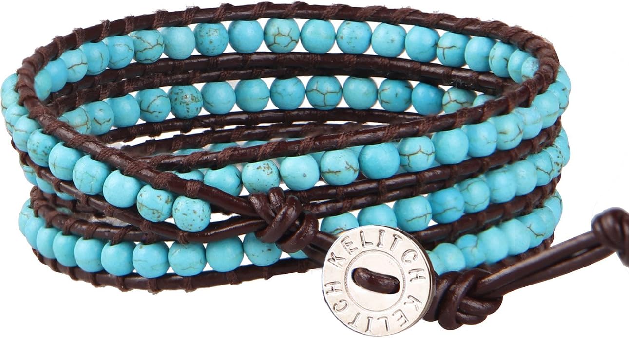 KELITCH Turquoise Beads Bracelets Leather 3 Wrap Bracelet Handmade Women Heart Jewelry