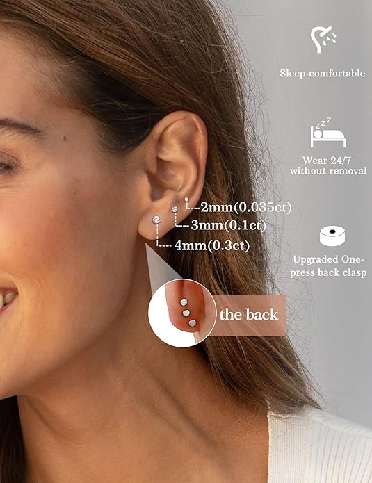 3 Pairs Moissanite Flatback Stud Earrings for Women, 925 Sterling Silver Hypoallergenic Flat Back Cartilage Earrings Set, 18K White Gold Plated