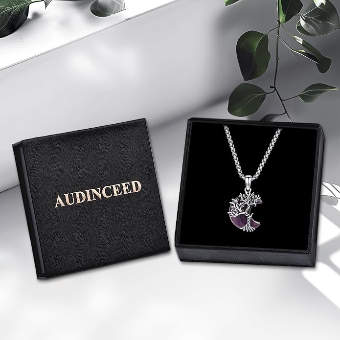925 Sterling Silver Tree of Life Necklace, Crescent Moon Pendant with Amethyst, Moon Crystal Healing Jewelry Gift for Women