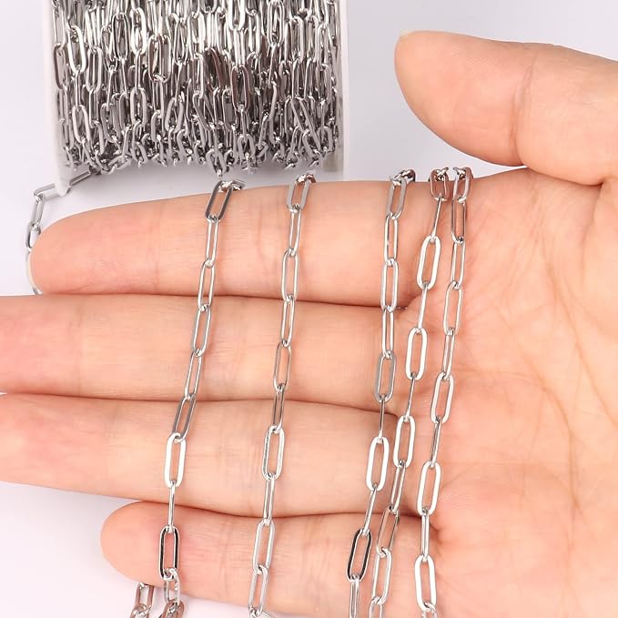 [33 Ft] Stainless Steel Paperclip Chains Roll, 3mm Width 304 Stainless Steel Oval Link Chains Spool Bulk for Jewelry Making