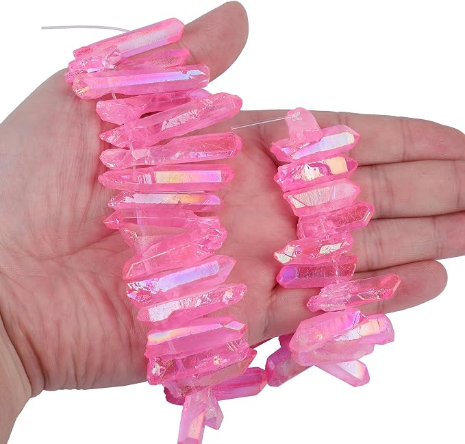 TUMBEELLUWA Rock Quartz Crystal Points Loose Beads for Jewelry Making, Titanium Coated Polished/Raw Quartz Beads 15 Inches Top Drilled,Hot Pink Crystal Points(0.5"-1.6")