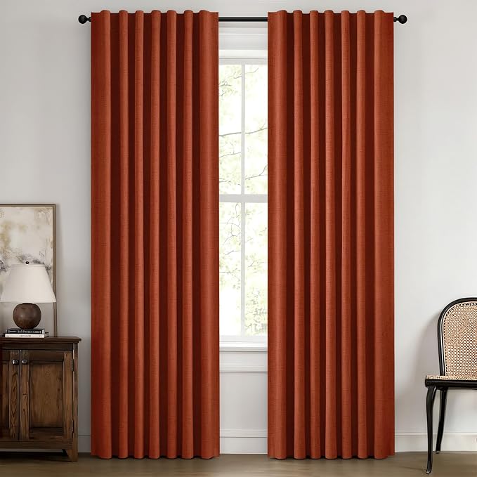 MIULEE Fall 100% Blackout Linen Curtains 42 x 84 Inch Burnt Orange 2 Panels | Thermal Insulated, Room Darkening Drapes for Bedroom Living Room, Back Tab Rod Pocket Pinch Pleated, Solid Luxury Decor