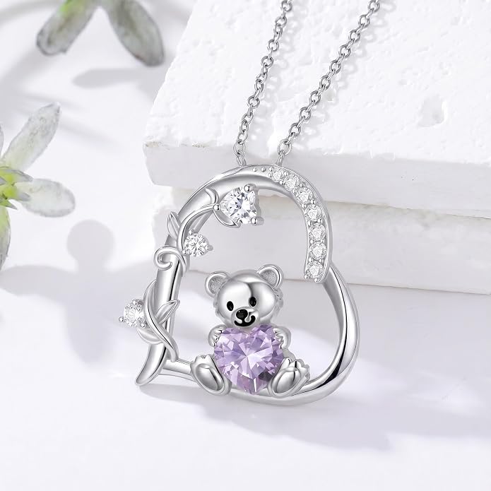 PELOVNY Teddy Bear Necklace for Women 925 Sterling Silver Bear/Highland Cow/Fox/Cat/Axolotl Birthstone Necklace Christmas Birthday Jewelry Gifts for Mom Daughter Wife Sister