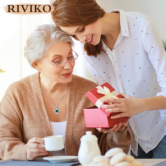 RIVIKO Heart Birthstone Pendant Necklace for Women 925 Sterling Silver Zirconia Necklaces Valentine's Day Anniversary Birthday Mothers Day Jewelry Gifts For Her Mother Wife