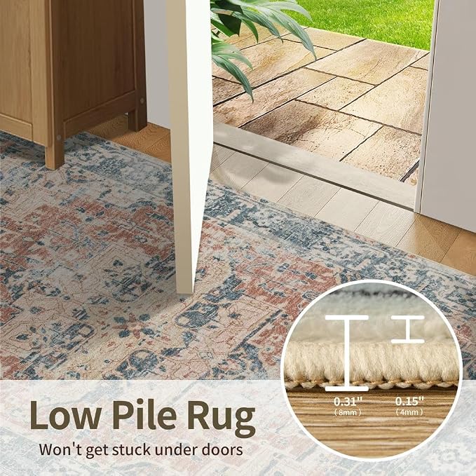 Rugxara 8x10 Area Rugs for Living Room Large Washable Rug, Coral Blue | Non Slip, Rug for Dining Room Bedroom Office Kids Room, Stain Resistant, Soft, Low Pile, Vintage Boho Retro Carpet,Home Decor