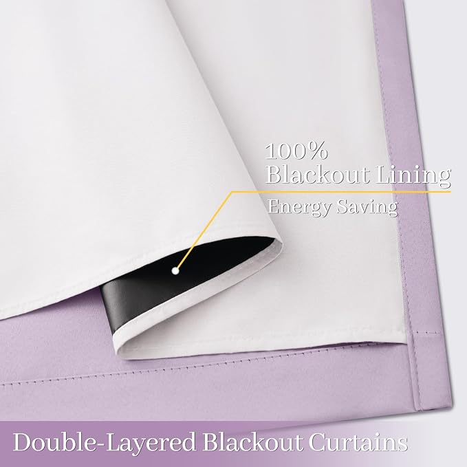 Yakamok Lilac 100% Blackout Curtains 84 Inches Long for Bedroom 50" Wide | Blackout Curtain Panels for Bedroom, 2 Thick Layers Grommet Top Thermal Insulated Drapes with White Back for Living Room