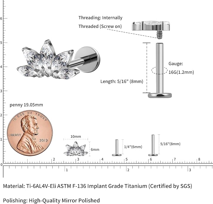 FINE4U 1PC ASTM F136 Titanium 16G Flatback Stud for Tragus, Helix, Conch 6mm 8mm - Screw on Cartilage Earring Piercing Jewelry