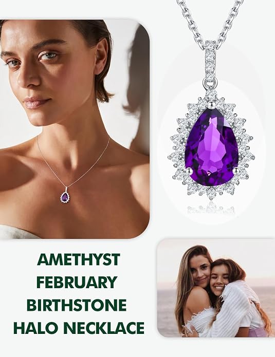 925 Sterling Silver Teardrop Necklace for Women Huge Created Gemstone Solitaire Halo Pendant Pear Cut Birthstone Necklace