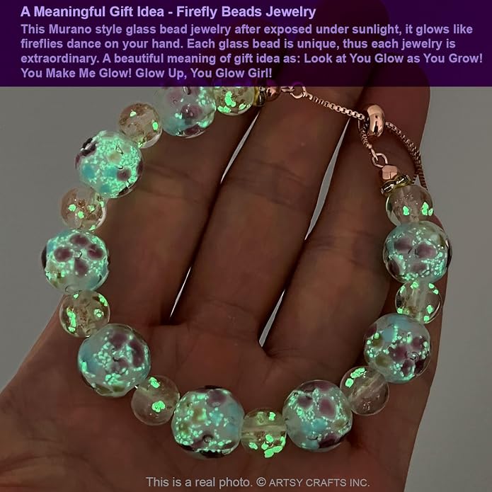 ARTSY Crafts Lily Garden Glow in the Dark Firefly Bead Bracelets Necklaces, Handmade in USA Murano Glass Jewelry, Flower Luminous Beads Mermaid Crystal Bracelet Bangle