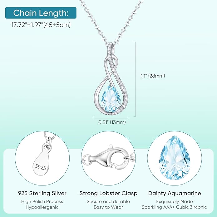 Birthstone Necklaces for Women Mothers - 925 Sterling Silver Dainty Infinity Cubic Zirconia Pendant Necklace Anniversary Birthday Christmas Gifts for Her Wife Mom Lady Daughter, Adjustable Chain