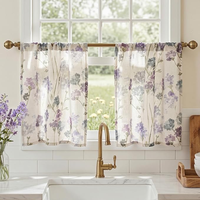 MYSKY HOME Floral Linen Kitchen Tier Cafe Curtains 36 Inch Length 2 Panels Farmhouse Light Filtering Privacy Small Window Treatments Rod Pocket for Bathroom Basement, Purple, 30" Wide Each Panel