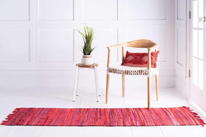 Unique Loom Chindi Cotton Collection Soft Hand Woven Natural Fiber Striped Area Rug, 2 ft 2 in x 6 ft 7 in, Red/Purple (Pack of 4)