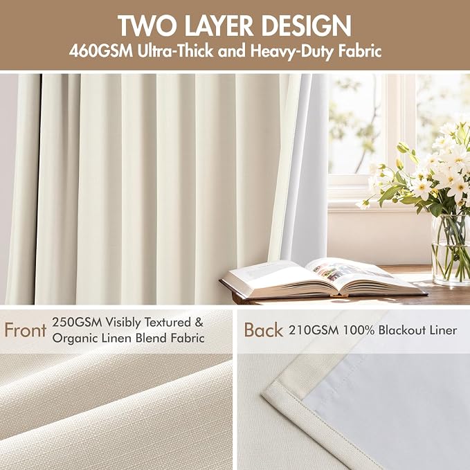MIULEE Pinch Pleated 100% Blackout Curtains 40"x96" Long Birch 4 Panels Set | Thick Linen, Memory Trained Pleat, Back Tab Double Layer Drapes, Thermal Insulated, Curtain for Bedroom Living Room Darkening