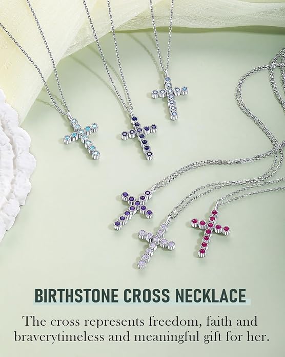 925 Sterling Silver 18 inch Birthstone Cross Pendant Necklace for Women Men
