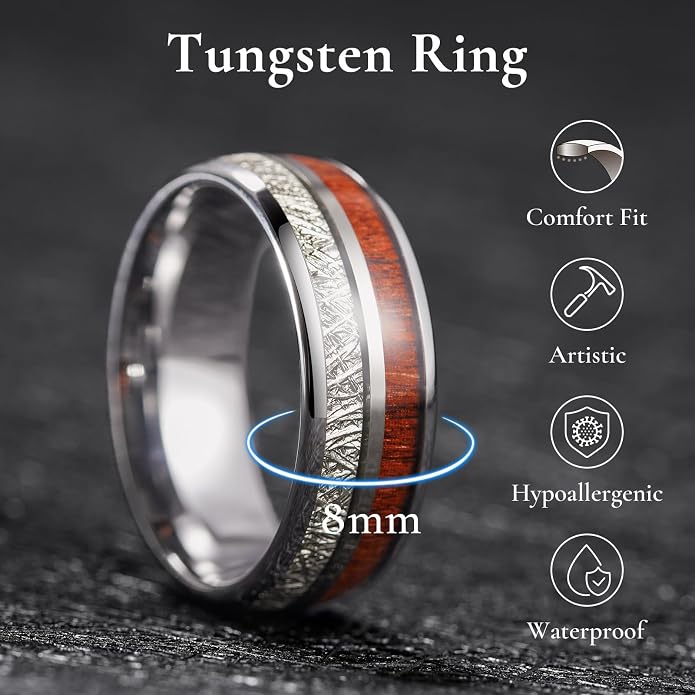 King Will Tungsten Rings for Men Meteorite Carbon Fiber Wood Inlay Mens Wedding Engagement Band Domed Polished