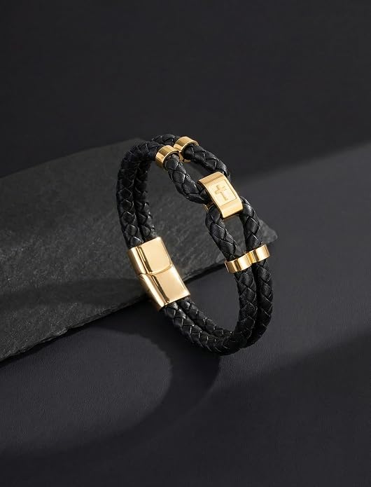 Mens Leather Cross Bracelet Multilayer Braided Wristband Bangle Bracelets with Stainless Steel Buckle Religious Gift for Men Brown/Black/Blue–8.3 inch