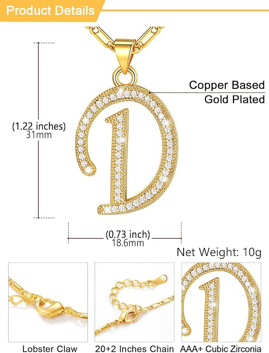 U7 Initial Necklace for Women, Gold/Platinum Plated CZ Crystal Letter A-Z Pendant Necklace, Shiny 20 Inch Name Chain Dainty Personalized Jewelry for Men Mom Wife Friend