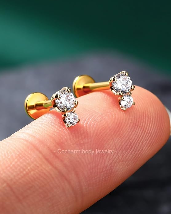 Cocharm 14K Gold Cartilage Earring 16g Real Gold Flat Back Helix Piercing Jewelry Push Pin Tragus Conch Stud for Women Men