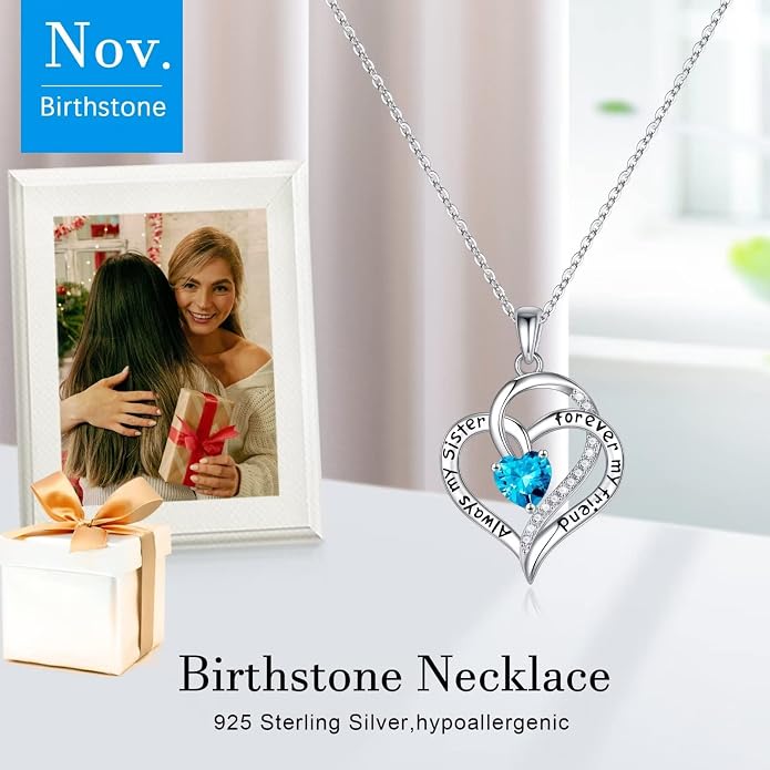 Iefil Gifts for Sister - 925 Sterling Silver Birthstone Necklace Sisters Jewelry