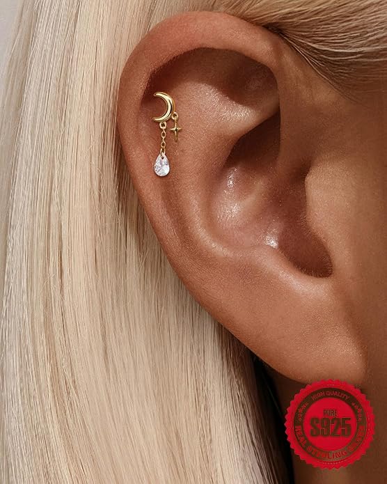 Sterling Silver 925 Flat Back Earring for Women Hidden Helix Piercing Jewelry 16G Star Moon Dangle Cartilage Internally Threaded Tragus Conch Stud Screw Cubic Zirconia Ear Ring