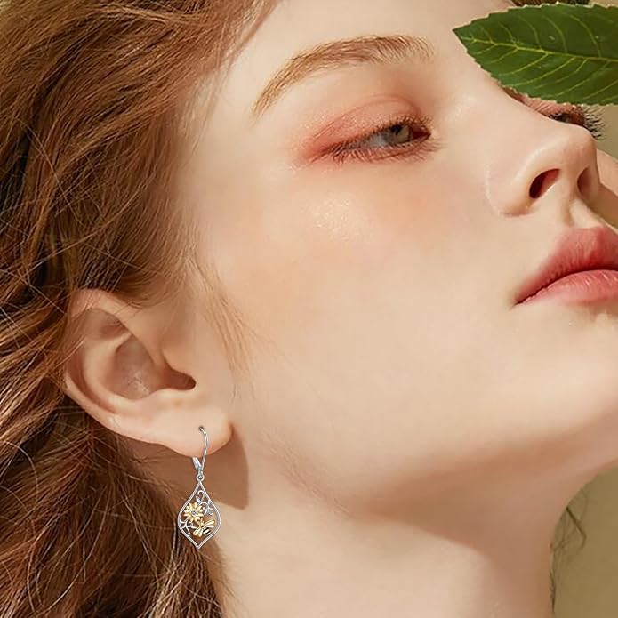 925 Sterling Silver Filigree Dangle Drop Earrings Daisy/Lotus/Rose Flower/Moonstone Leverback Teardrop Earrings for Women Infinity Celtic Knot Daisy Lotus Jewelry for Mothers Day
