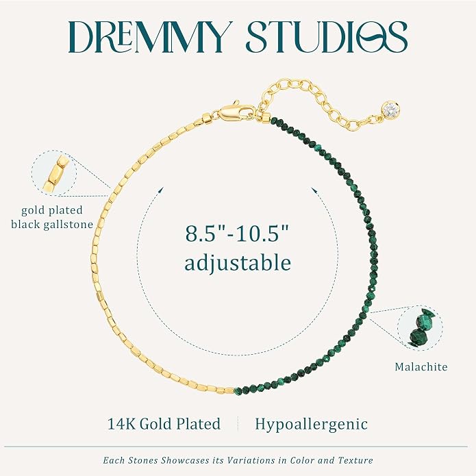 DREMMY STUDIOS Gold Anklet Bracelets for Women 14K Gold Plated Stone Handmade Beaded Link Chain Anklets Jewelry Gift