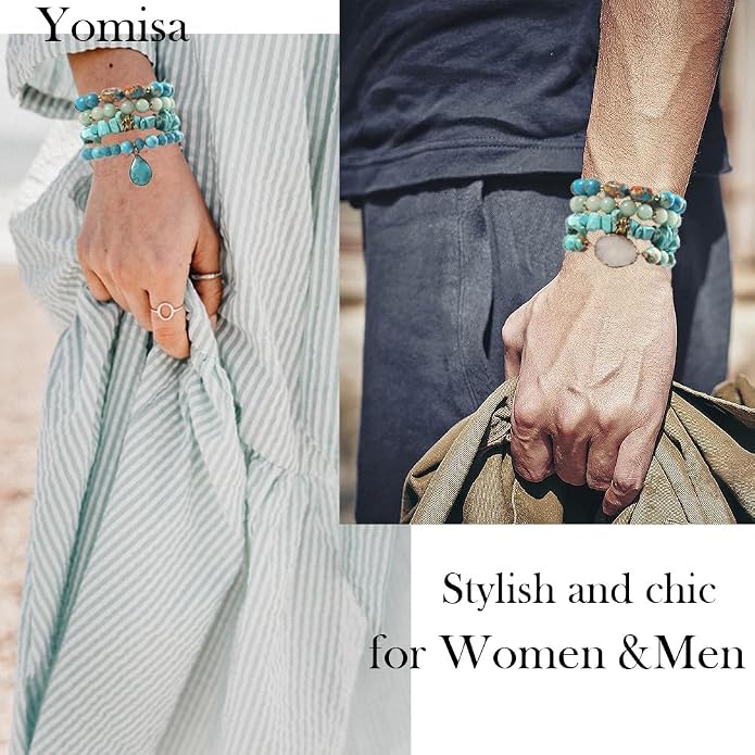 Yomisa 5PCS 6PCS Natural Boho Beaded Bracelets/Bangle for Women Men,Healing Turquoise Jasper Agate Crystal Gemstone Stone Chakra Multilayer Wrap Bohemian Handmade Jewelry Beads Stretch Bracelet Set