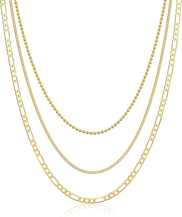 Tewiky Layered Necklaces for Women Non Tarnish- Chunky 14k Gold Plated Herringbone/Snake/Rope/Box/Cuban Link Chain for Women Waterproof Layering Stack Choker Necklace Trendy Dainty Tarnish Free Jewelry Set