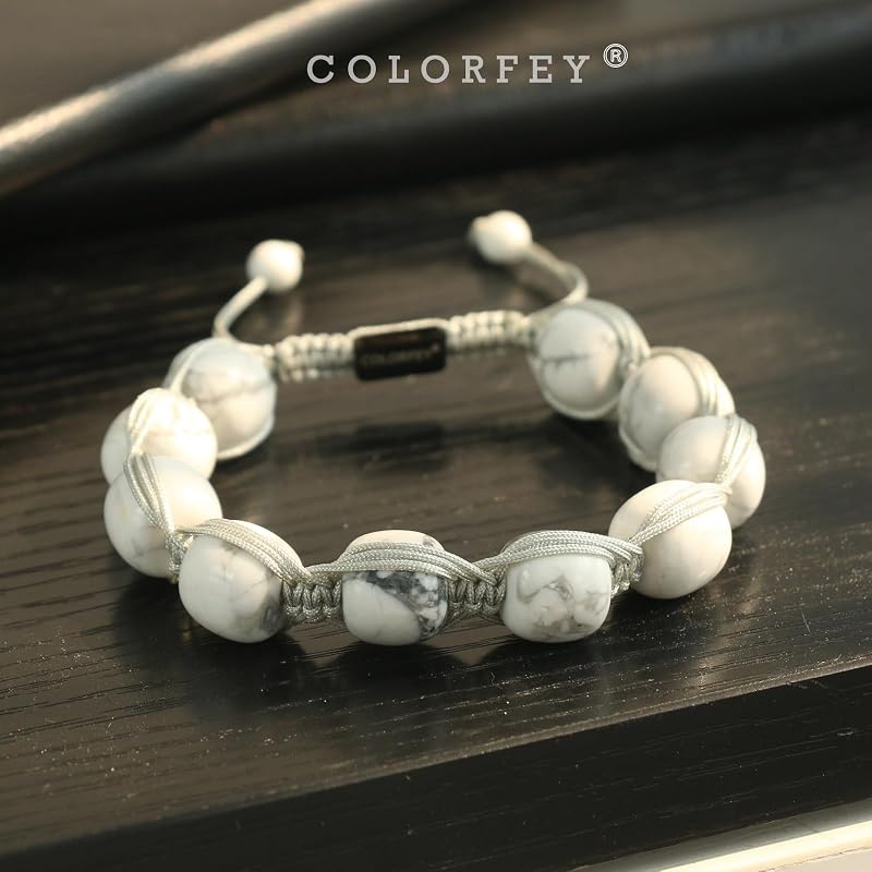 Protection Crystal Howlite Bracelet for Men, Authentic Mens Bracelet Beads Energy Howlite Stone Bracelets White Handmade Beaded Jewelry, Masculine Drawstring Bracelets Chirstmas Gift for Him