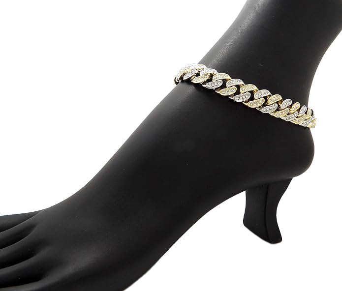 Fashion 21 Women's Stone Filled 10mm, 12mm Various Length Box Lock Cuban Chain Anklet