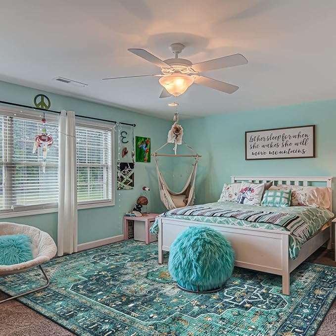 Moynesa Ultra-Thin Washable Vintage Area Rug - 6x9 Teal Large Dining Room Rug for Bedroom, Non-Shed Living Room Mat, Indoor Oriental Medallion Hardwood Floor Carpet for Office Home Decor