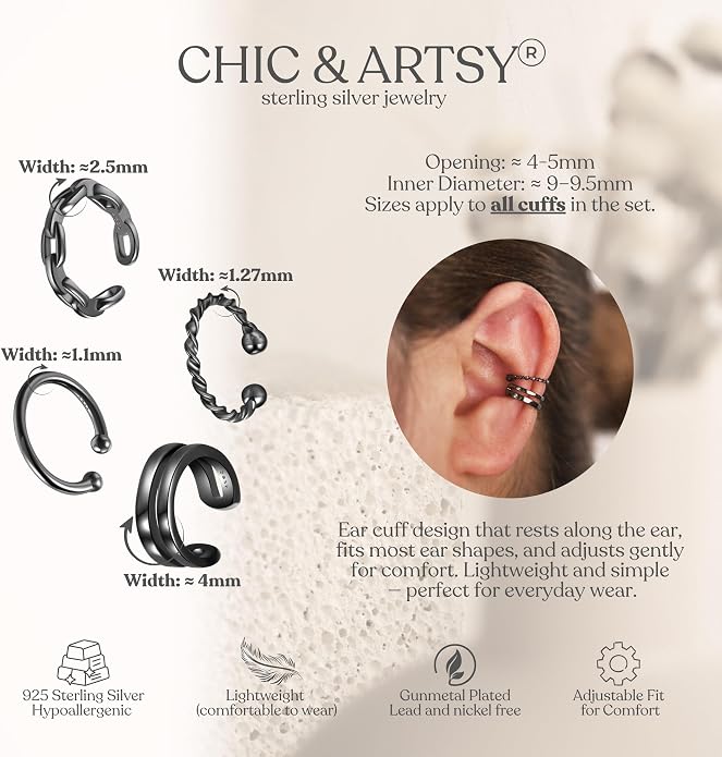 CHIC & ARTSY 925 Sterling Silver Ear Cuffs for Women, Non Piercing Clip On Cartilage Cuffs, Adjustable Fake Conch & Helix Earrings, Gold Plated & Oxidized Various Styles