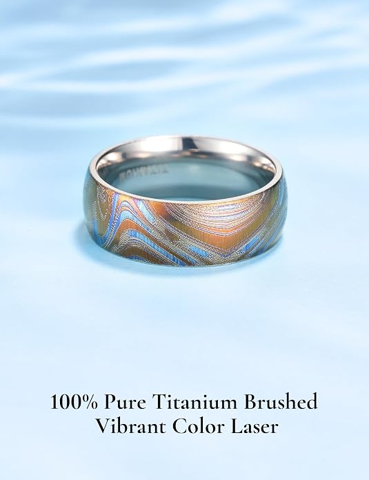 King Will Titanium Wedding Ring for Men Women, 8mm Width Gold/Silver Wedding Band with Unique Random Laser Textured and Multi-Color Laser Engraved Titanium Ring Comfort Fit and Durable Size 8-12