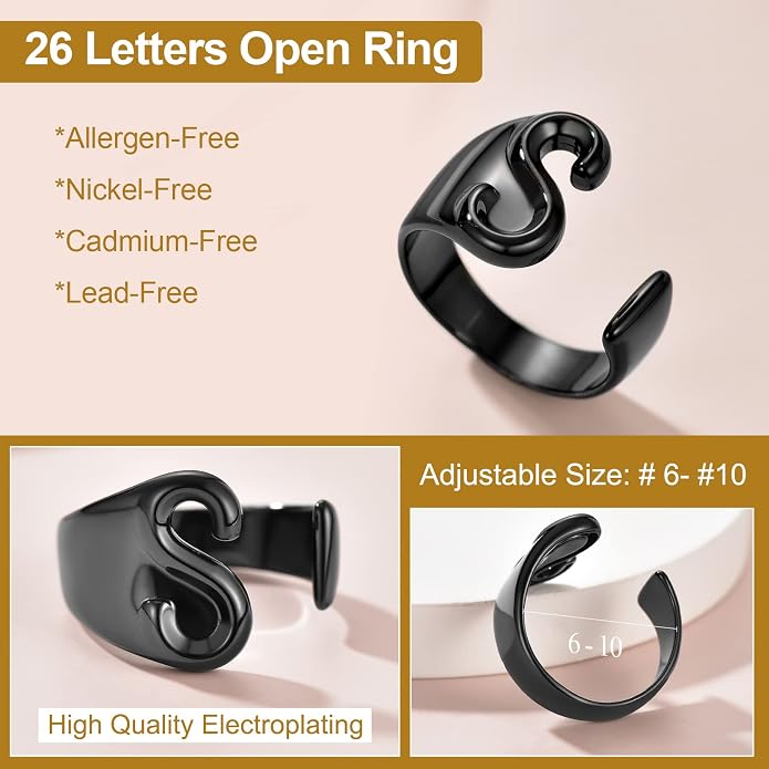 KeyStyle Bold Initial Letter Rings Adjustable, GoldChic Jewelry Women Gold Statement Ring Personalized Engraved Women’s Open Signet Ring for Party (Gold, White Gold, Black)