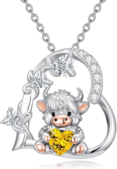 PELOVNY Teddy Bear Necklace for Women 925 Sterling Silver Bear/Highland Cow/Fox/Cat/Axolotl Birthstone Necklace Christmas Birthday Jewelry Gifts for Mom Daughter Wife Sister