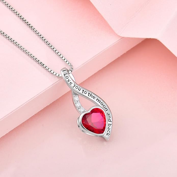 I Love You to The Moon and Back Necklace for Women, 925 Sterling Silver Heart Birthstone Pendant Necklace Jewelry Anniversary Birthday Gifts for Girls Women Wife Mom Daughter