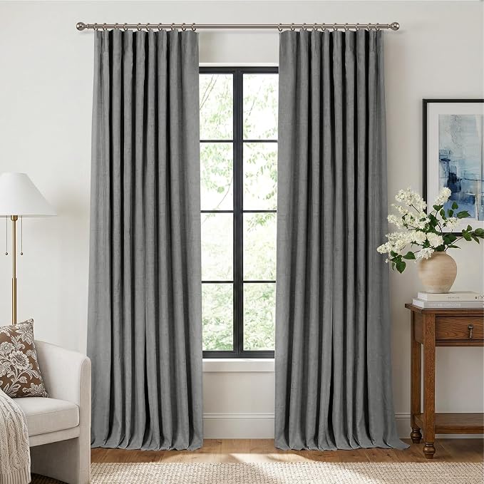 INOVADAY 100% Blackout Curtains for Bedroom, Stoic Gray Black Out Curtains 96 Inch Long, Clip Rings Linen Blackout Drapes, Thermal Insulated Room Darkening for Living Room, 2 Panels - W50xL96