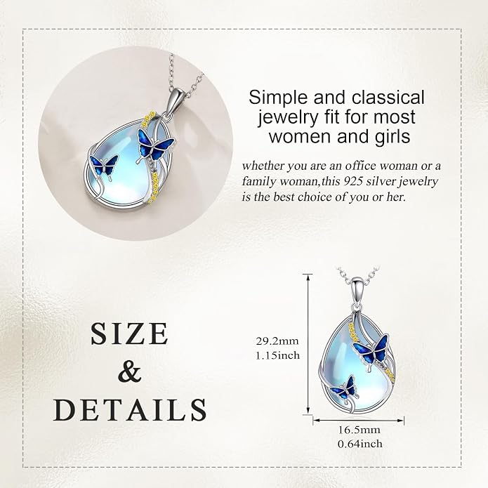 KQF Dragonfly/Butterlfy/Cat/Jellyfish/Bunny/Axolotl/Bee/Mermaid/Hummingbird/Elephant Necklace for Women Sterling Silver Moonstone Pendant Necklace Dragonfly Jewelry Gifts for Women