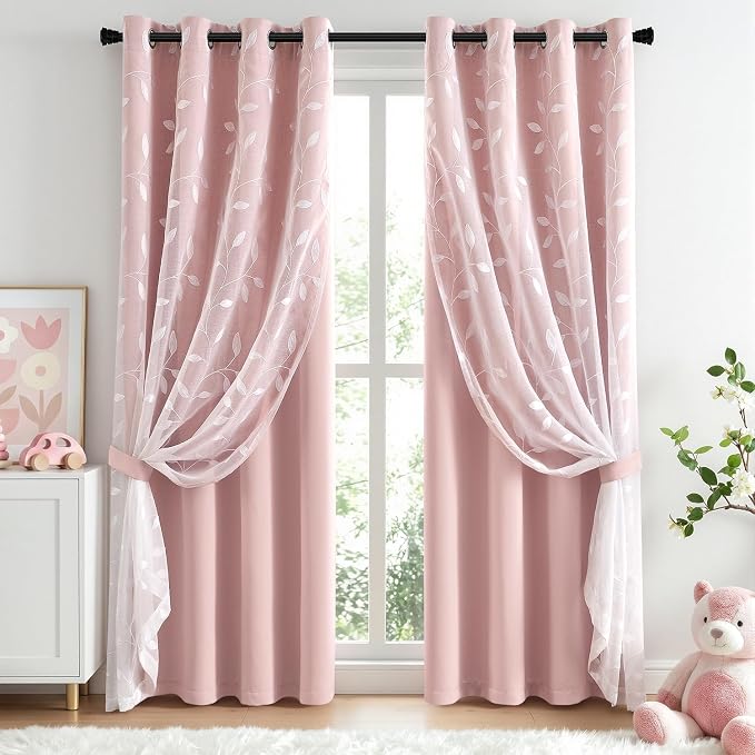 MIULEE Double Layer Curtains 63 Inches Long, White Leaf Patterned Sheer Floral Drapes and Pink Blackout Room Darkening Window Curtains for Living Room Bedroom, Grommets Top, 52" W x 63" L, 2 Panels