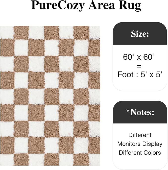 PureCozy 5x5 Round Rugs for Living Room Brown Soft Shag Checkered Rug Modern Washable Indoor Office Fuzzy Carpet Non-Slip Fluffy Rugs for Bedroom Nursery Dorm Playroom Home Aesthetic Decor