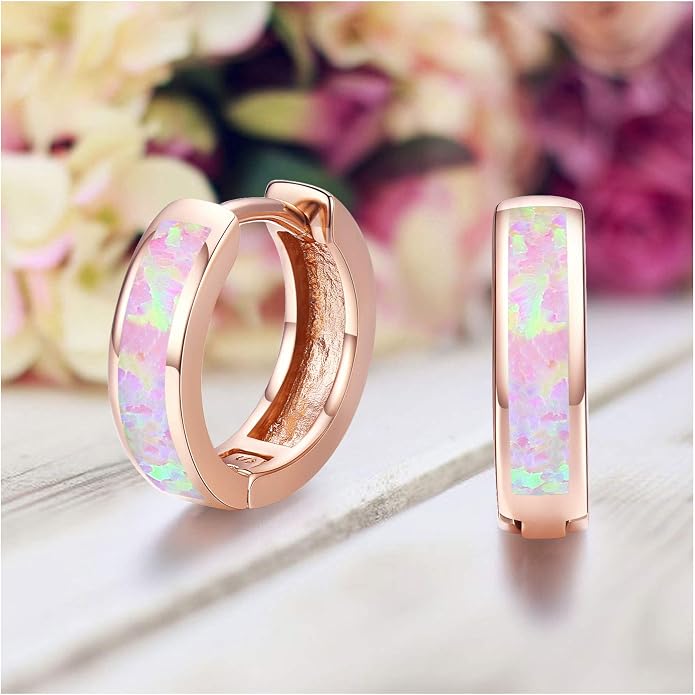 CUOKA MIRACLE 925 Sterling Silver Opal Hoop Earrings for Women - Opal Hinged Huggie Hoops, Hypoallergenic Small Hoop Earrings for Sensitive Ears, Dainty Everyday Jewelry Birthday Christmas Gift