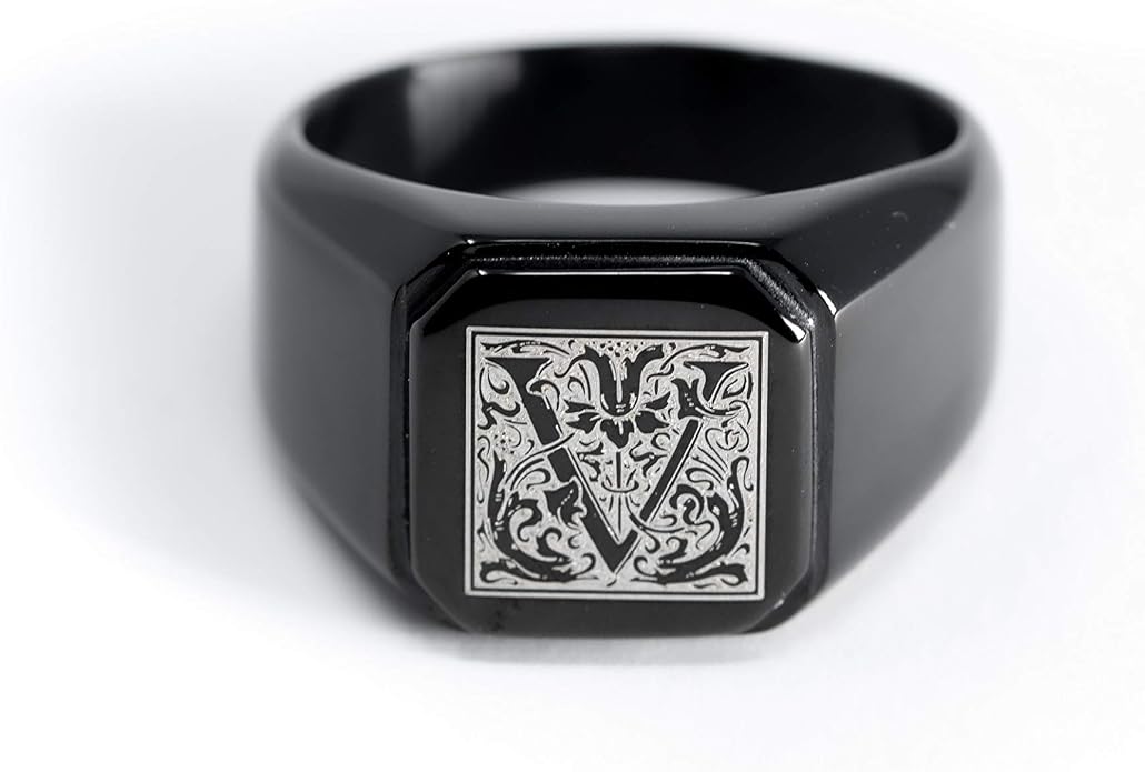 Jewelry | Stainless Steel Letter Alphabet Initial Ring | Square Flat Top Ring for Men & Women | Stainless Steel Jewelry, (Black, Gold, Silver), Size 7-16