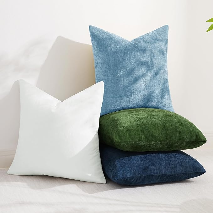 decorUhome Soft Chenille Grey Blue Throw Pillow Covers 16X16 Set of 2 | Decorative Fall Couch Pillow Covers Solid Dyed Accent Modern Farmhouse Neutral Square Pillow Cases for Sofa