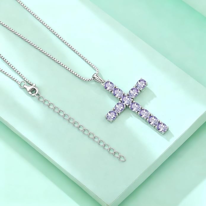 925 Sterling Silver Cross Necklace for Women Men Christian Jesus Faith Birthstone Cross Crucifix Pendant Necklaces