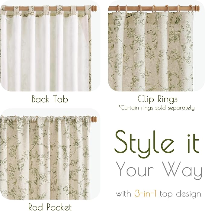 Lazzzy Charlotte Lined Linen Farmhouse Green Floral Curtains 63 Inch Length Back Tab Drapes for Living Room Bedroom Light Filtering Country Vintage Rod Pocket, 2 Panels, Green on Beige