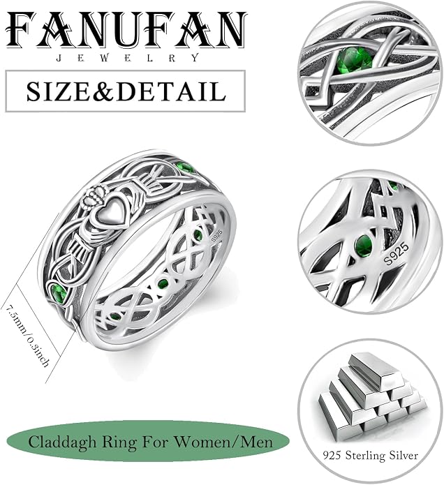 Claddagh Celtic Knot Band Rings for Men Women 925 Sterling Silver Irish Claddagh Promise Ring for Women Men