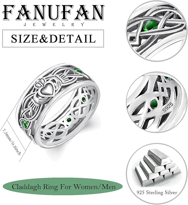 Claddagh Celtic Knot Band Rings for Men Women 925 Sterling Silver Irish Claddagh Promise Ring for Women Men