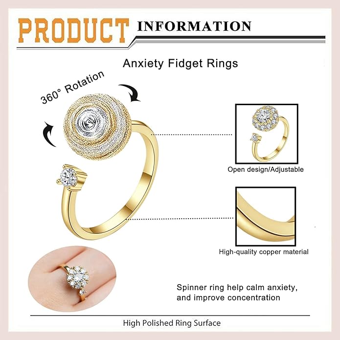 Honsny 6Pcs 14K Gold Plated Anxiety Rings for Women, Adjustable Spinner Anxiety Ring, CZ Butterfly Bee Moon Star Fidget Rings for Anxiety Stress Relief for Women